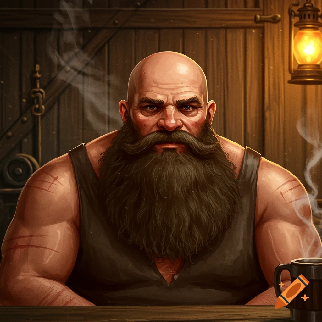 Close-up digital painting of a muscular, bald man with a long, thick beard and scars, sitting at a wooden table in a rustic, lamp-lit setting.