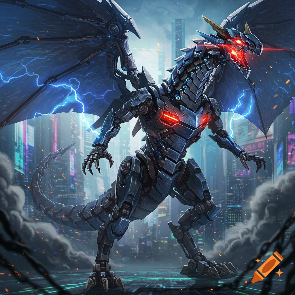 A blue robotic dragon with glowing red eyes stands amidst a futuristic city, lightning crackling around its wings.