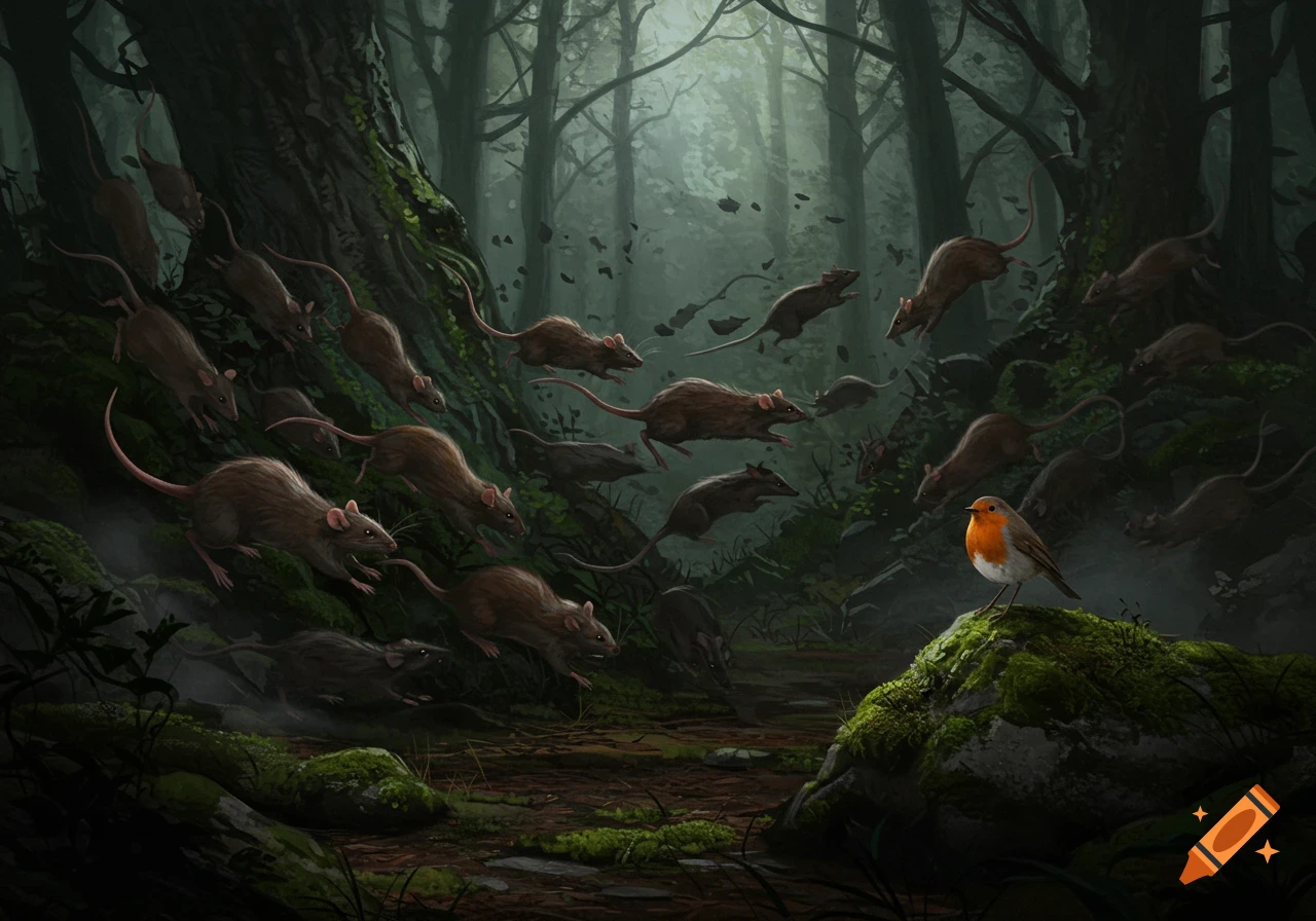 A swarm of rats runs through a dark, misty forest, with a small robin perched on a mossy rock in the foreground.