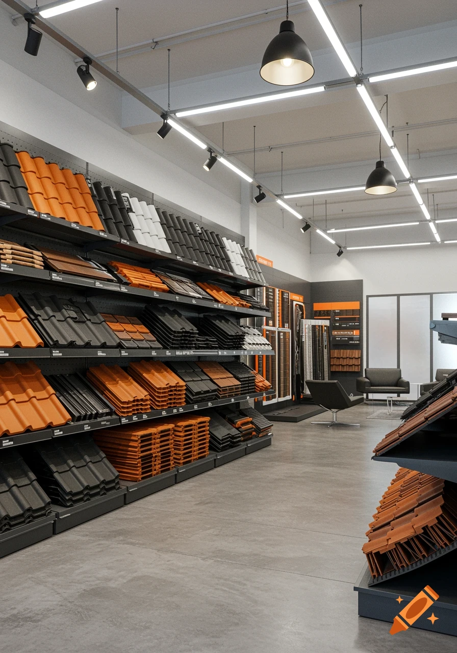 Interior view of a modern showroom with shelves displaying orange, black, and white roofing tiles.