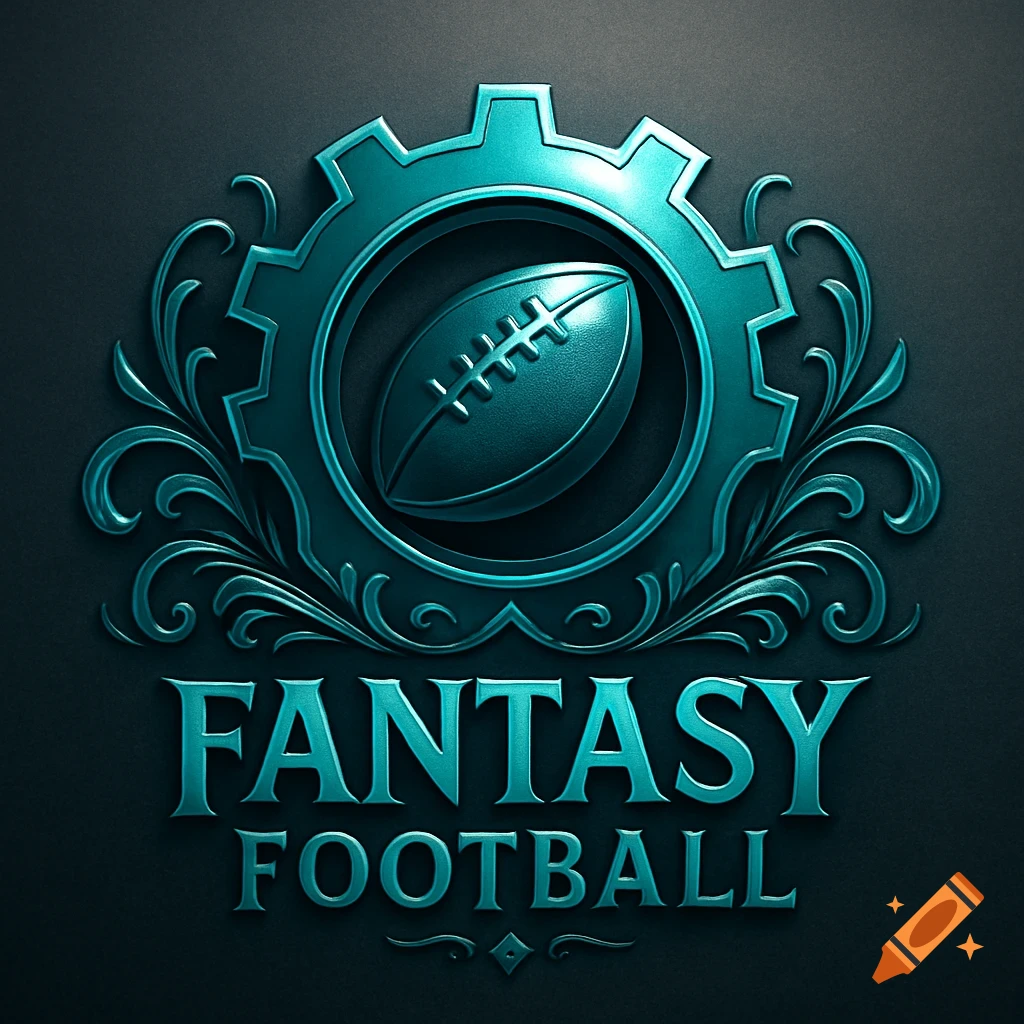 A teal fantasy football logo featuring a football inside a gear with ornate details and the words "FANTASY FOOTBALL" below.