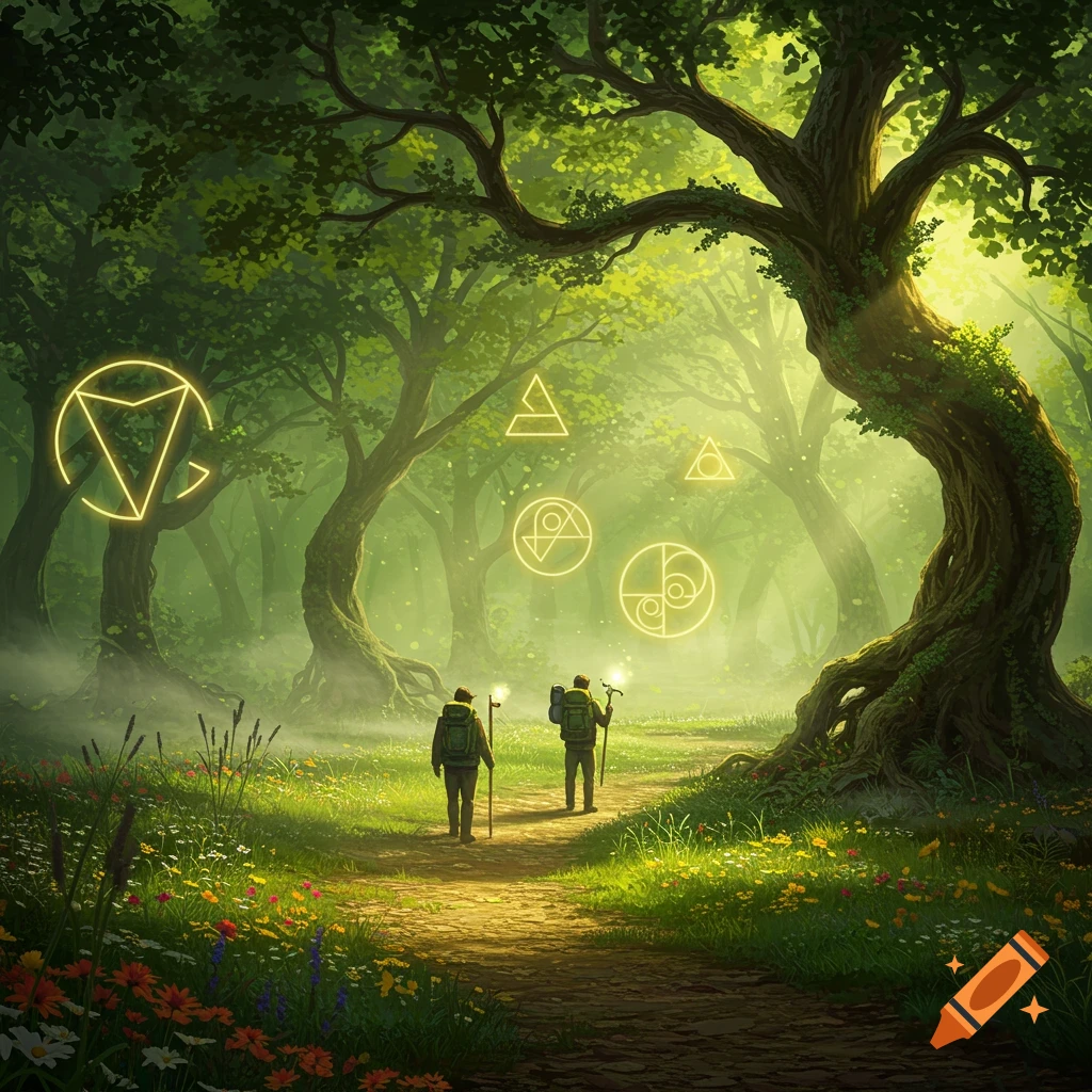 Two travelers explore a vibrant, luminous forest path with glowing sacred geometry symbols floating in the mist, digital painting.