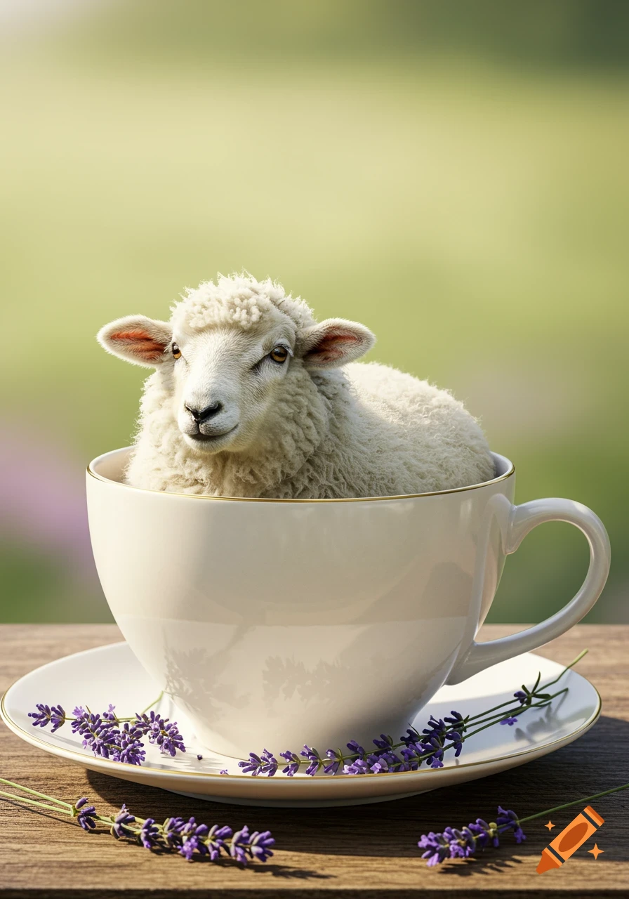 Photorealistic fluffy white lamb sitting inside a white teacup with purple lavender sprigs on a wooden table.