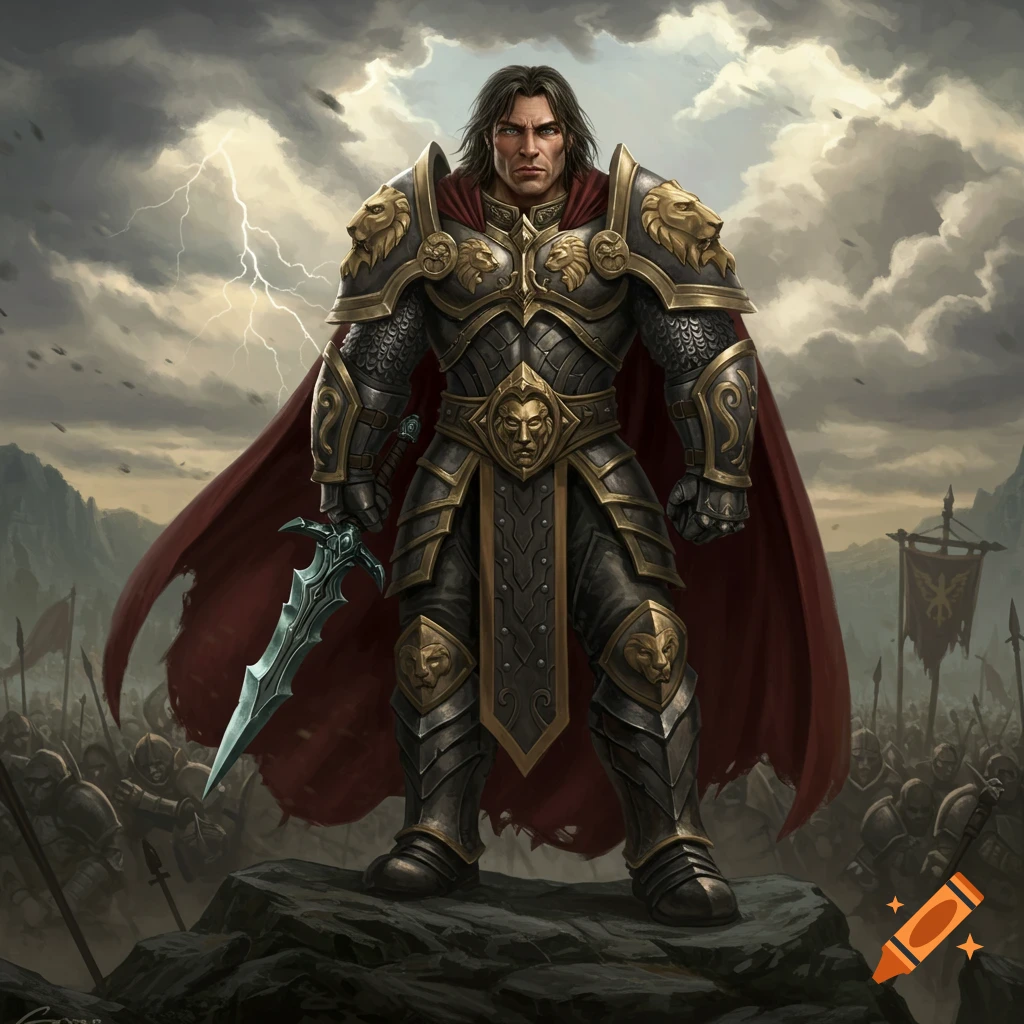 A powerful fantasy knight in dark and gold armor and red cape stands before an army under a stormy, lightning sky, holding a sword.