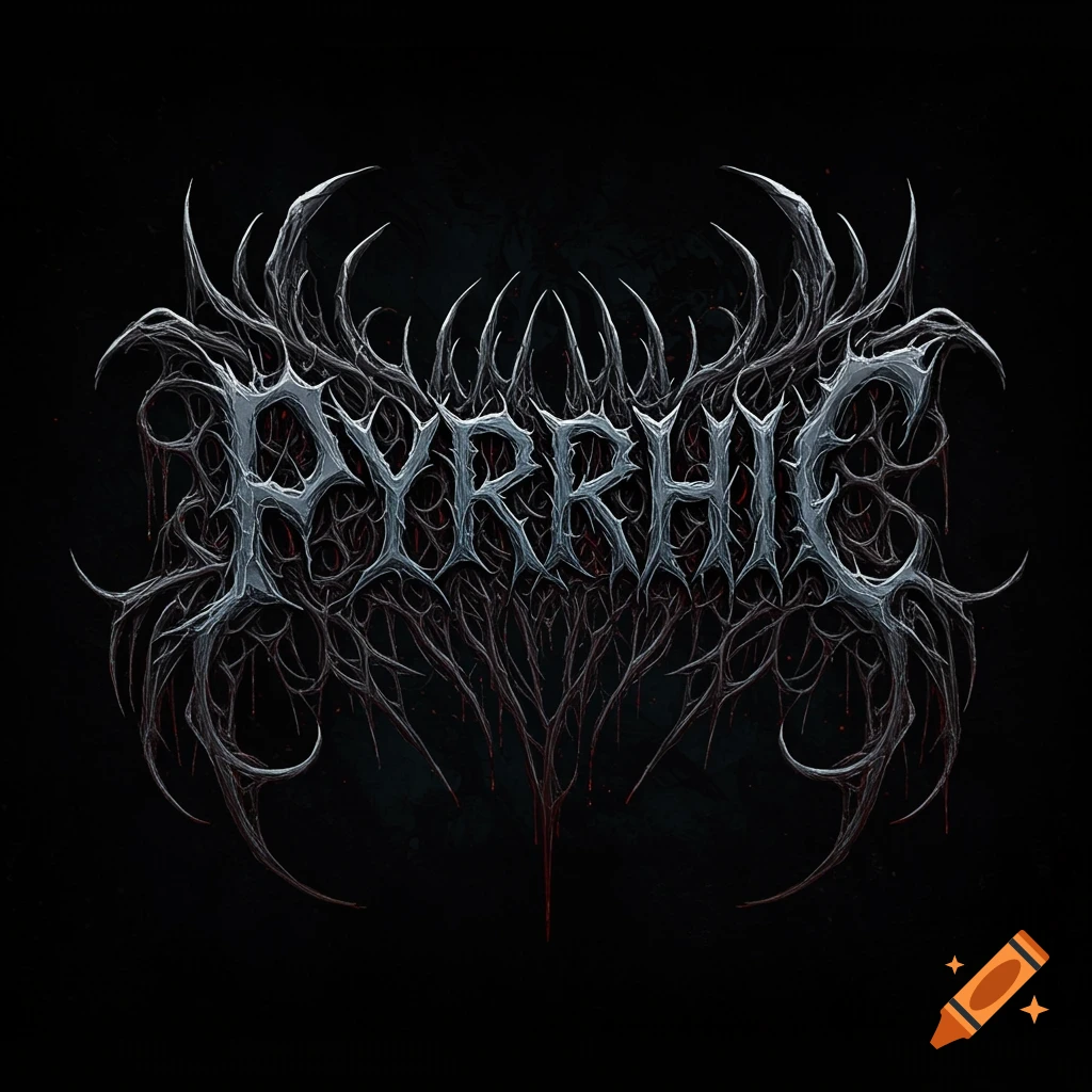 A stylized black metal band logo for 'PYRRHIC' with sharp, spiky, silver-grey letters connected by dark tendrils and red drips on a black background.