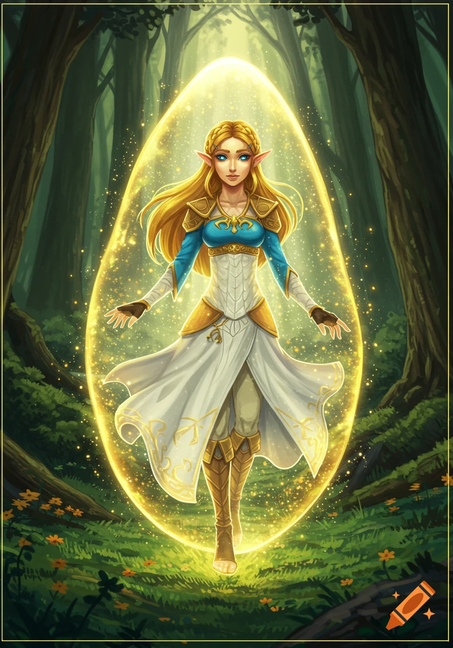 Princess Zelda stands in a forest, encased in a glowing golden egg-shaped energy field.