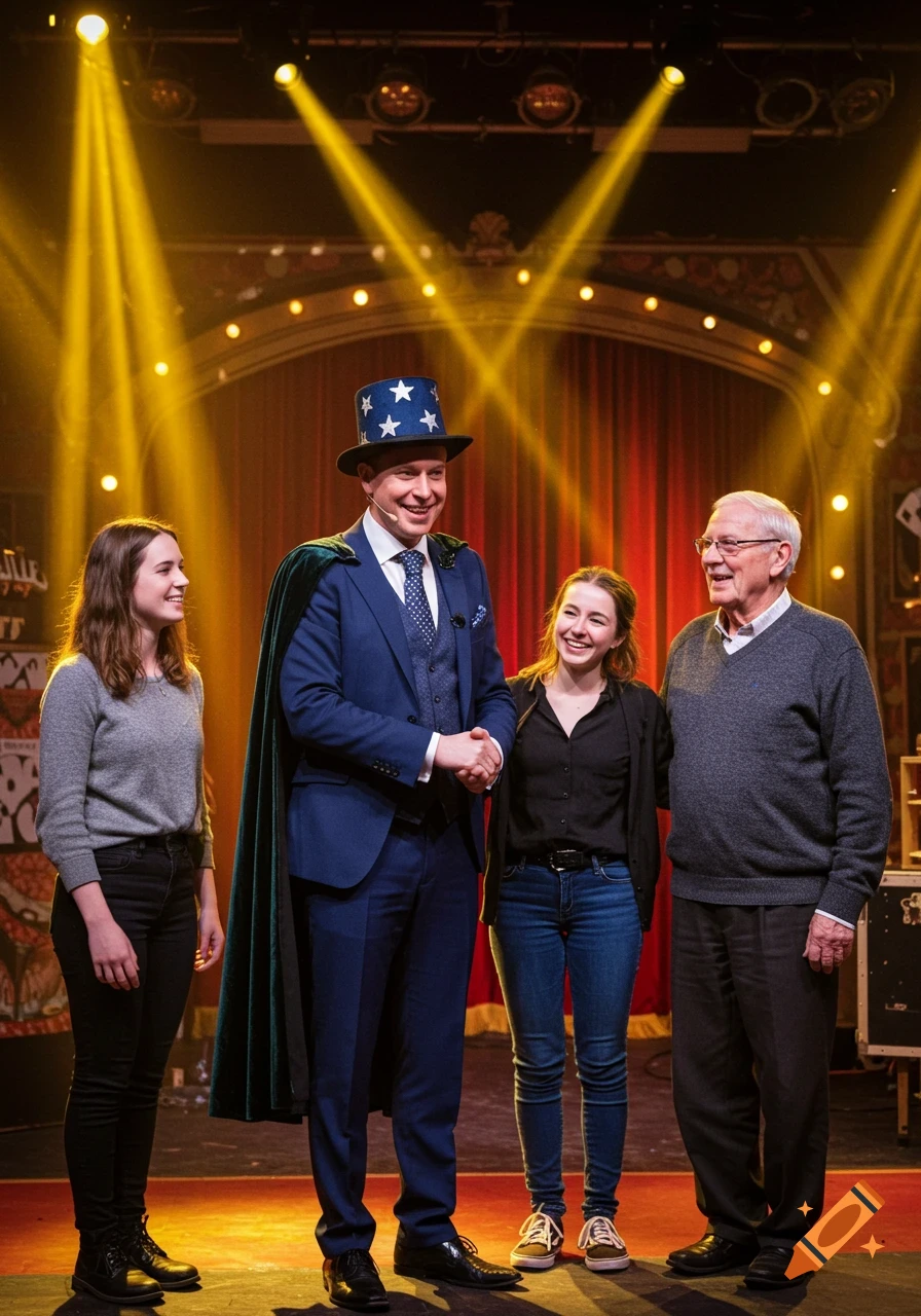 A magician in a top hat and cape shakes hands with a young woman on stage, alongside another young woman and an older man, under bright spotlights.