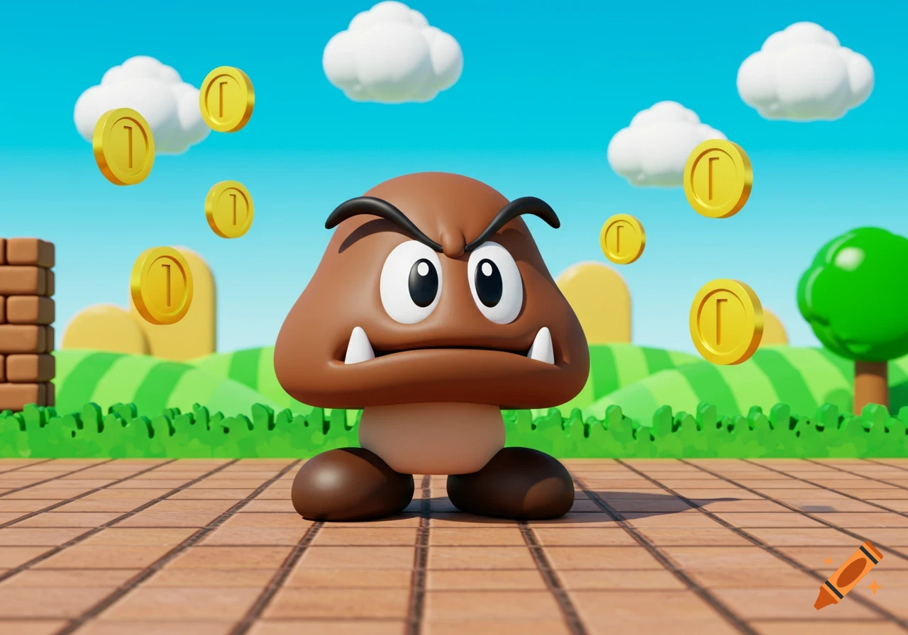 A 3D render of an angry brown Goomba from Super Mario Bros. stands on a checkered path with floating gold coins.