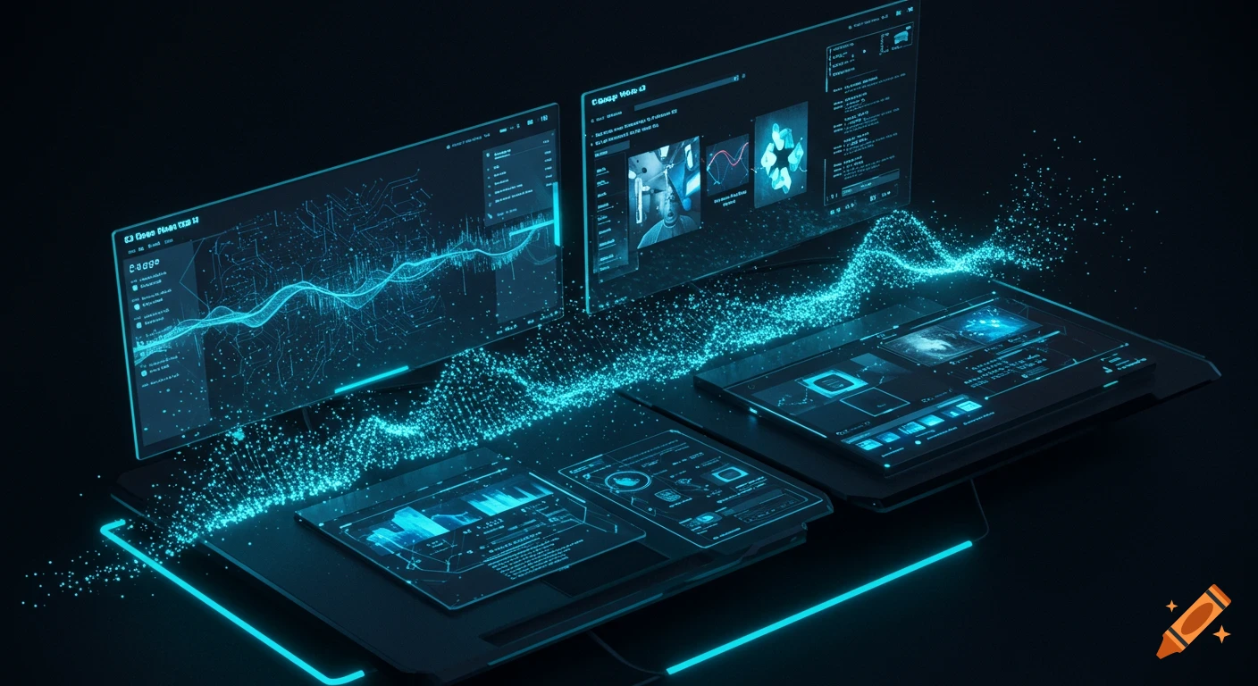 Glowing blue digital interfaces with charts and data, connected by shimmering particle trails, on a dark background.