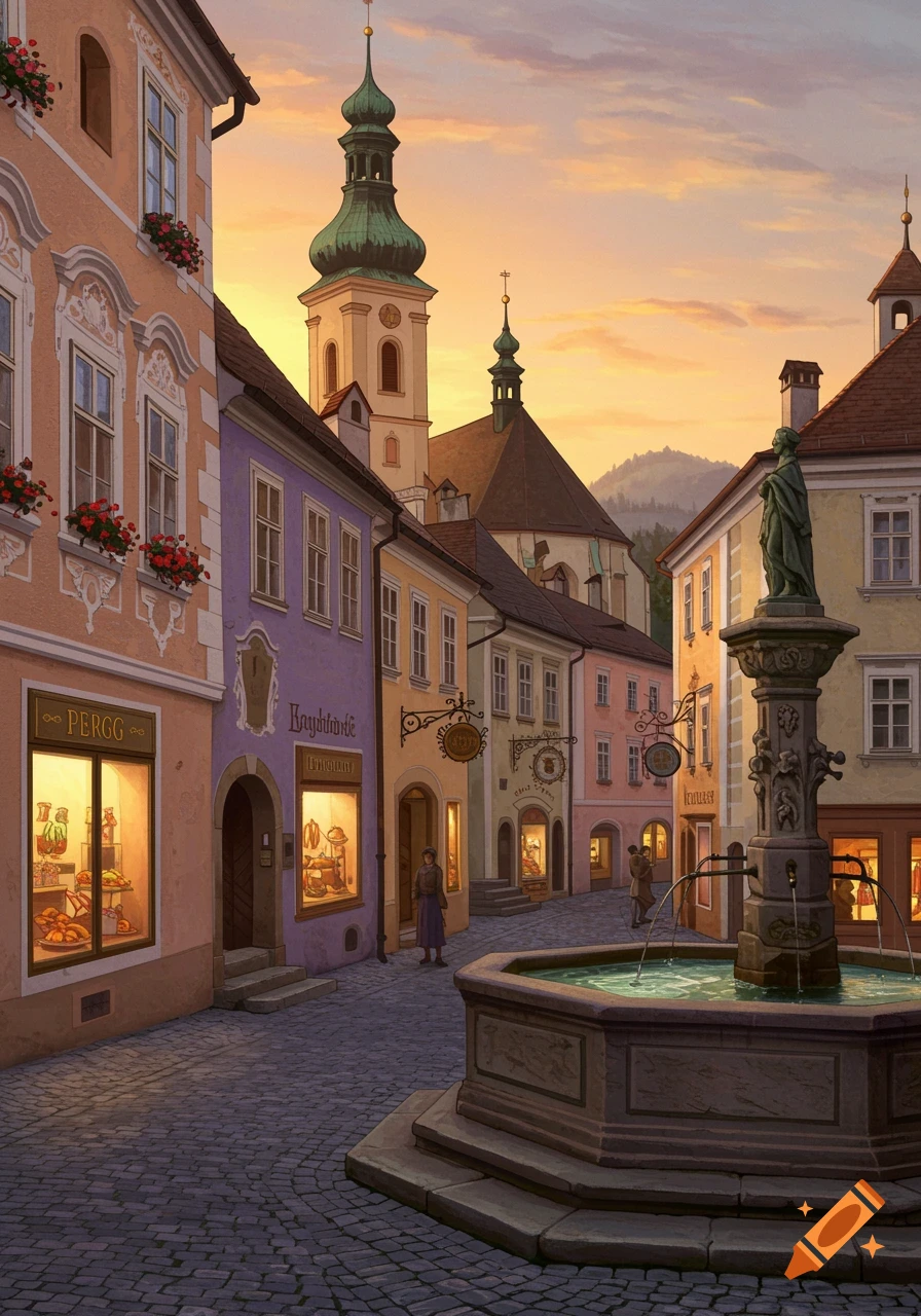 A charming old European cobblestone street at sunset, with colorful buildings housing shops, a large church tower, and a stone fountain with a statue.