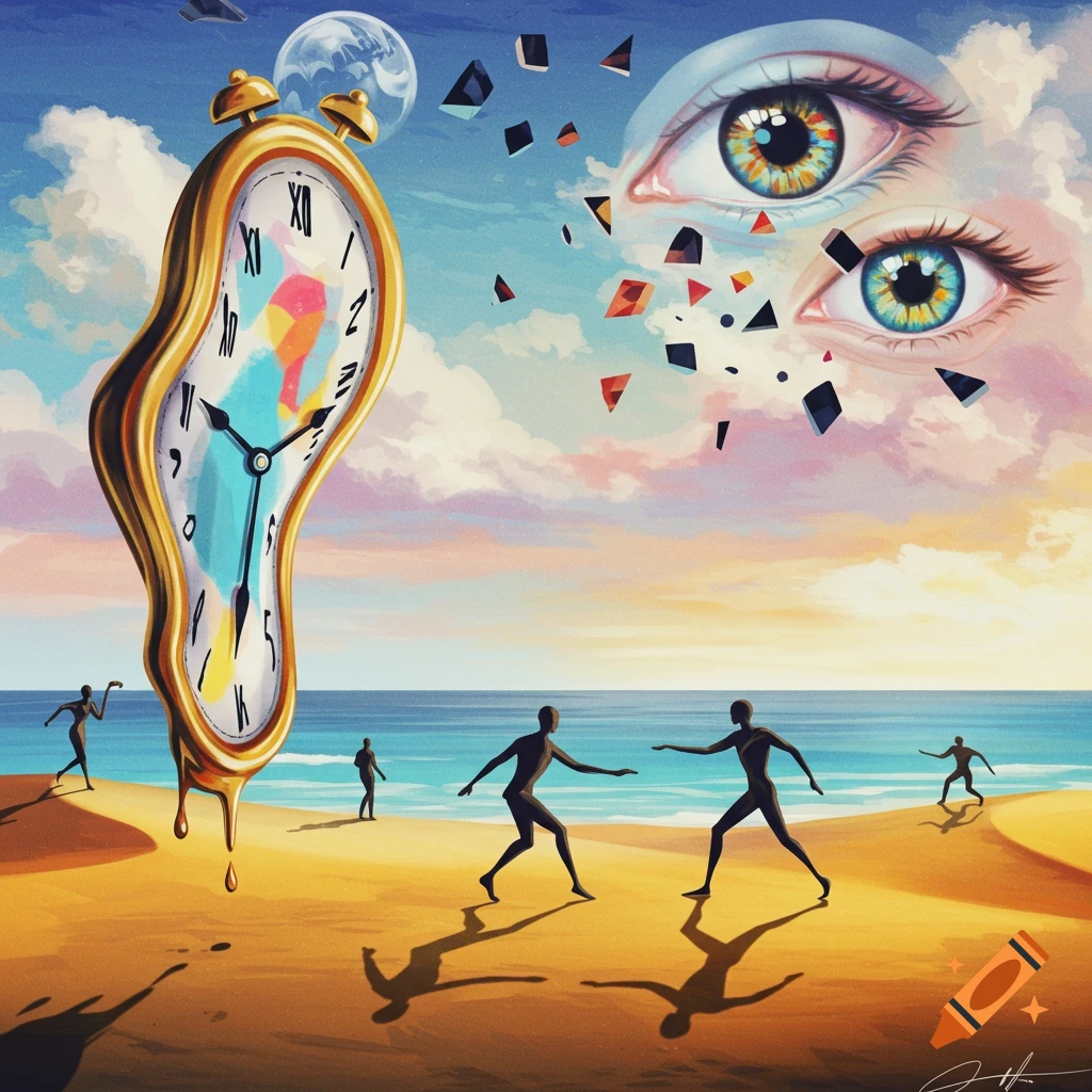 A surreal painting depicting a melting gold alarm clock on a sandy beach with shadowy figures. Two large eyes float in the sky, shattering into geometric pieces over a calm sea.