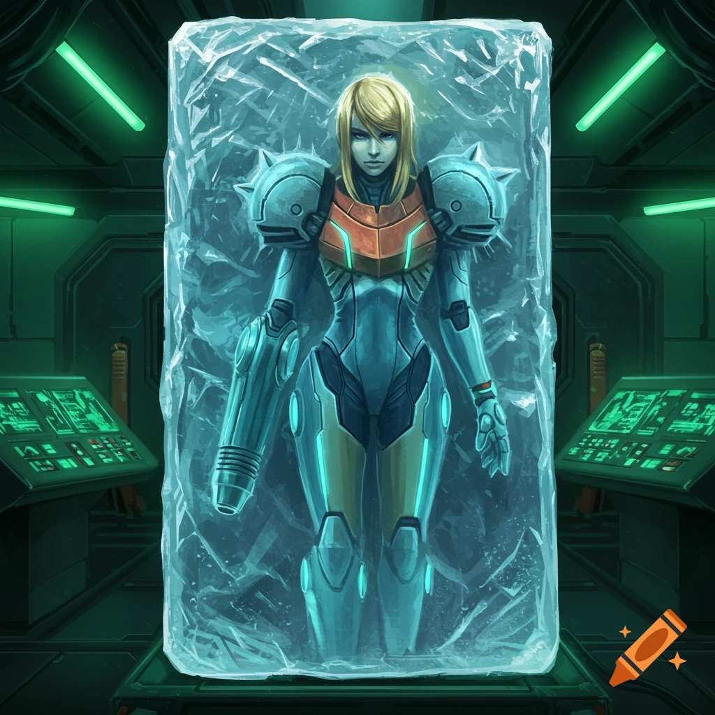 Samus Aran in her power suit frozen in a large block of ice within a futuristic, green-lit chamber, digital illustration.