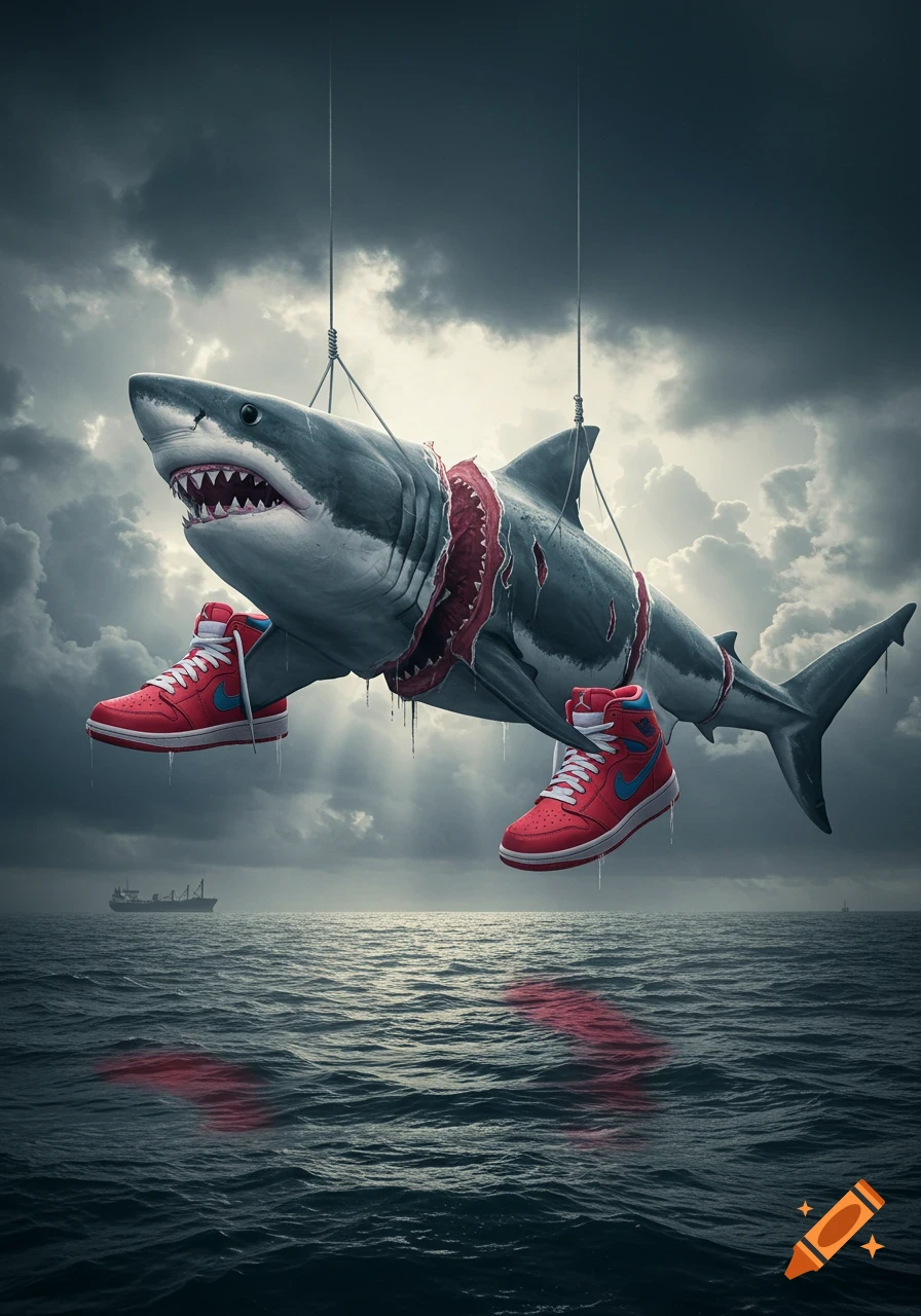 A large shark, seemingly cut in half, floats above choppy ocean waves under a dark, cloudy sky, wearing red high-top sneakers. Ropes suspend it from above, and blood trails into the water below.