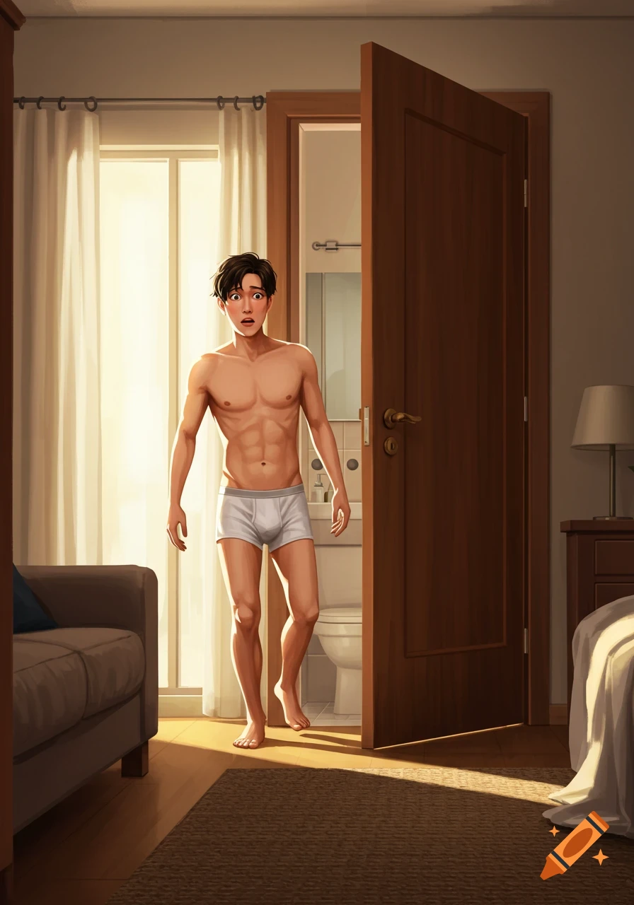 A surprised shirtless man in white boxer briefs stands in a bedroom with a bathroom door open, illuminated by window light.