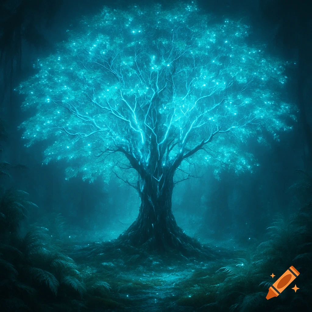 A mystical, glowing blue-green tree stands in a dark, misty forest, illuminated by ethereal light.