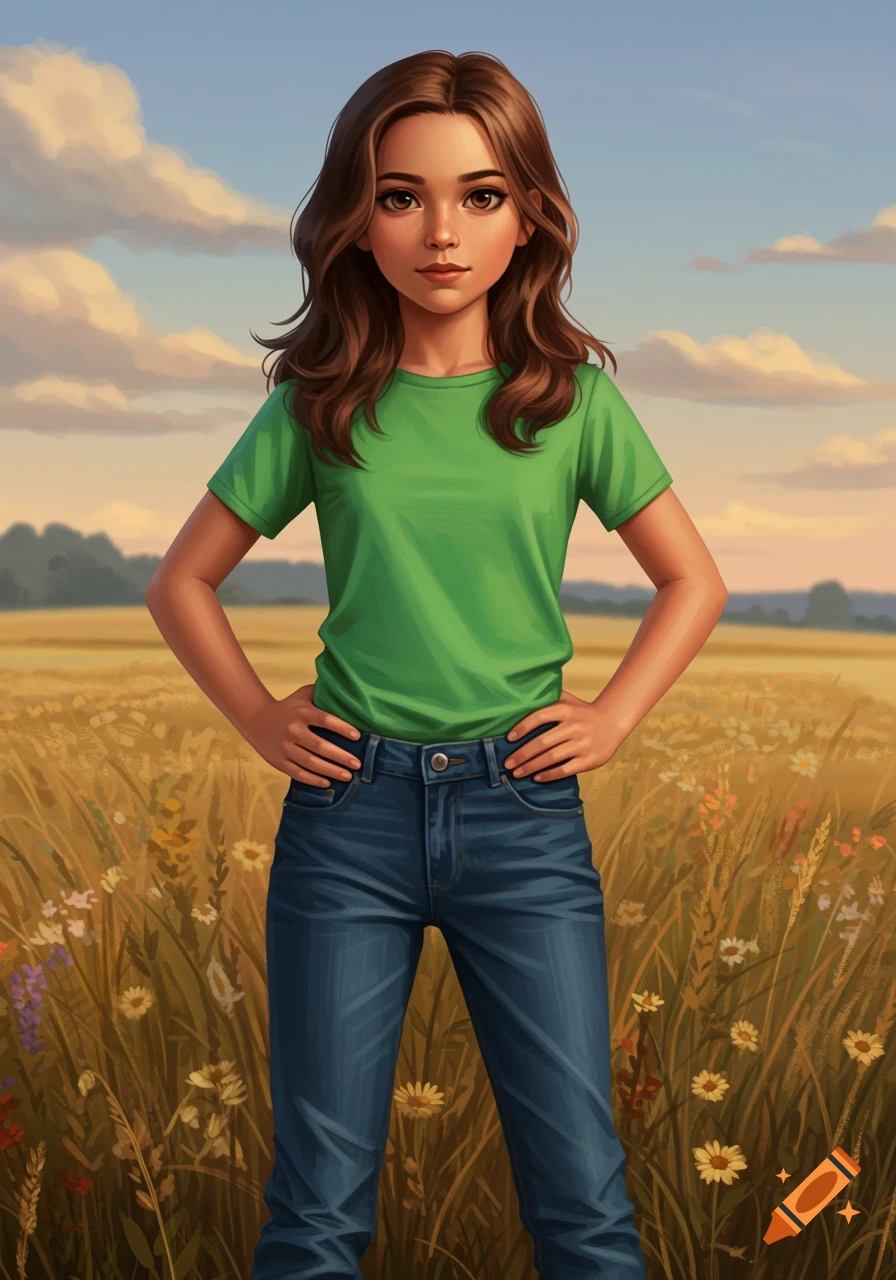 Digital art of a girl with brown hair in a green shirt and jeans standing in a field with hands on her hips.
