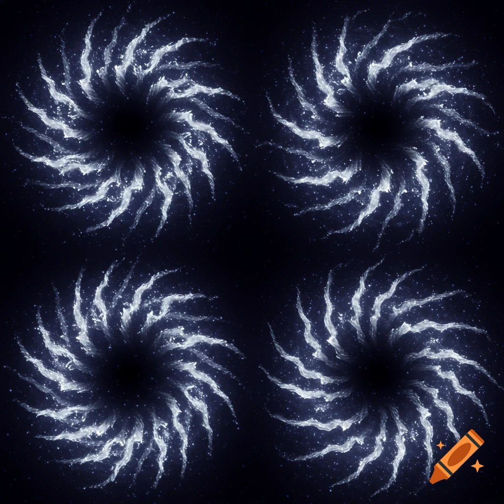 Four swirling blue and white abstract patterns with black centers on a dark background, resembling stylized portals or energy vortices.