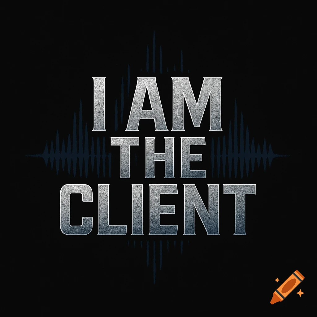 A logo featuring metallic silver text that reads "I AM THE CLIENT" on a dark background with subtle soundwave patterns.