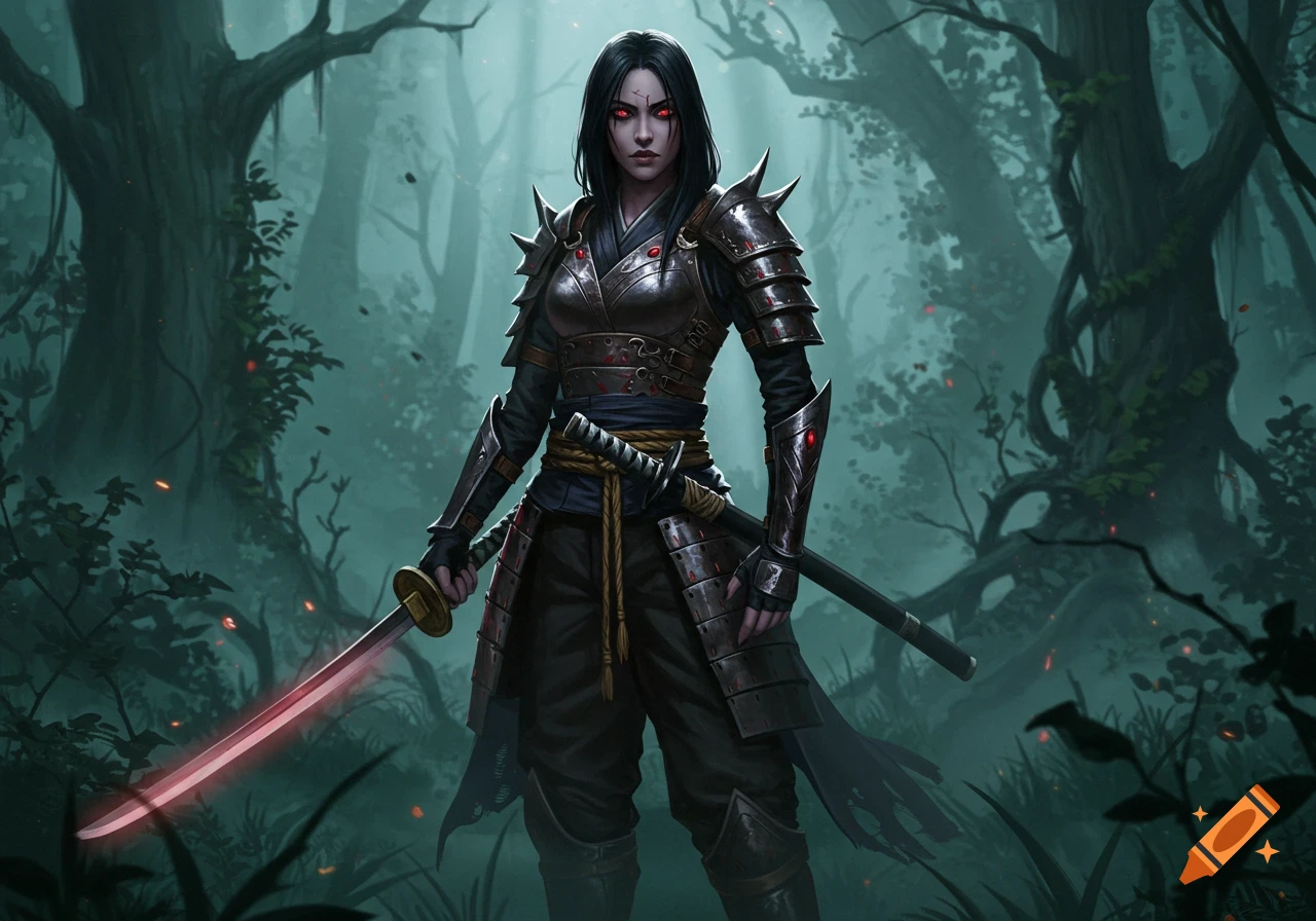 A dark-haired woman with glowing red eyes in samurai-like armor stands in a misty, dark forest, holding a glowing red sword.