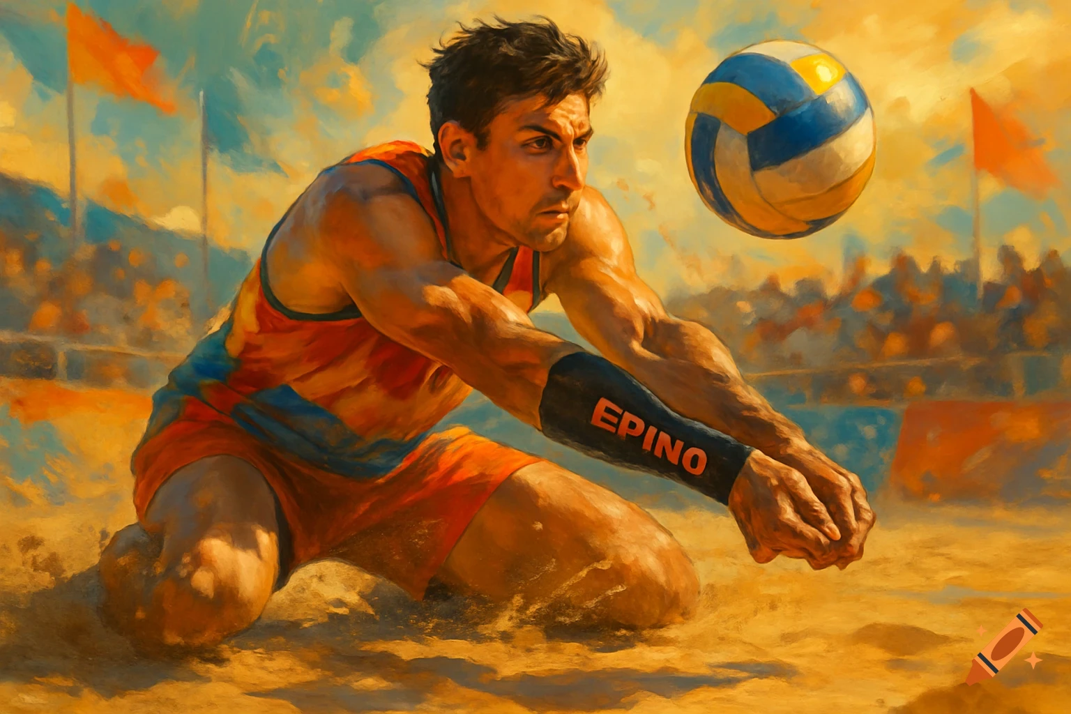 Painterly image of a male volleyball player digging a ball on a sand court.