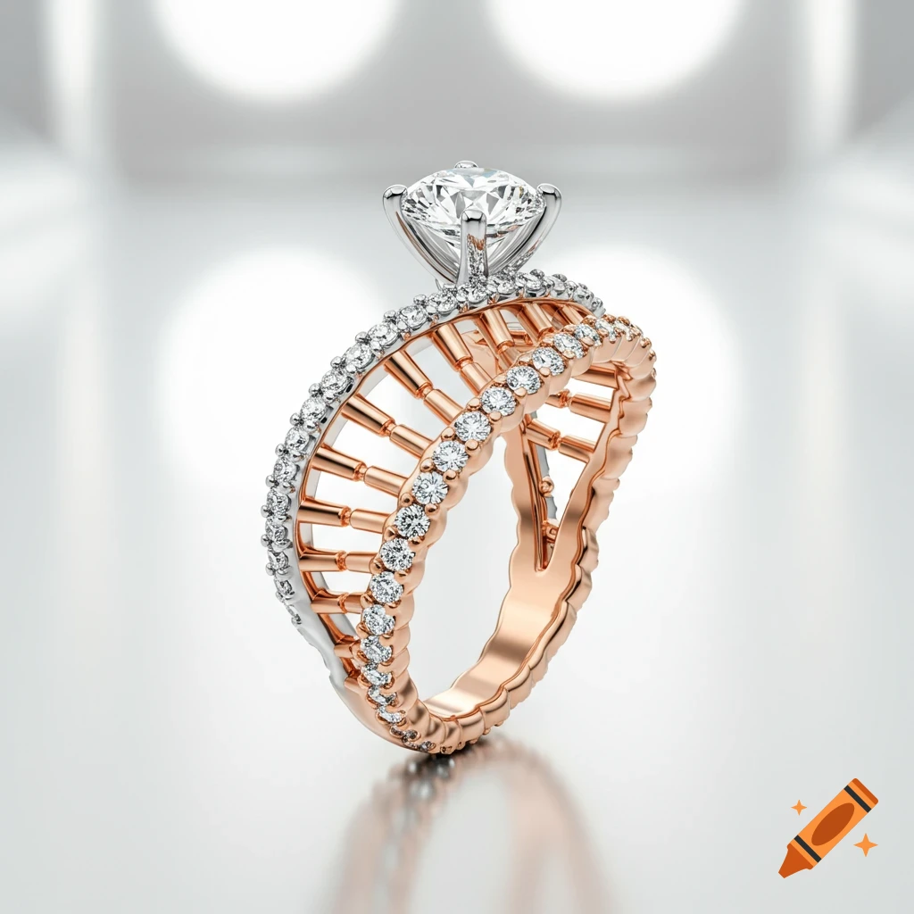 Photorealistic diamond engagement ring with a rose gold and white gold DNA strand-like band and a large center diamond.