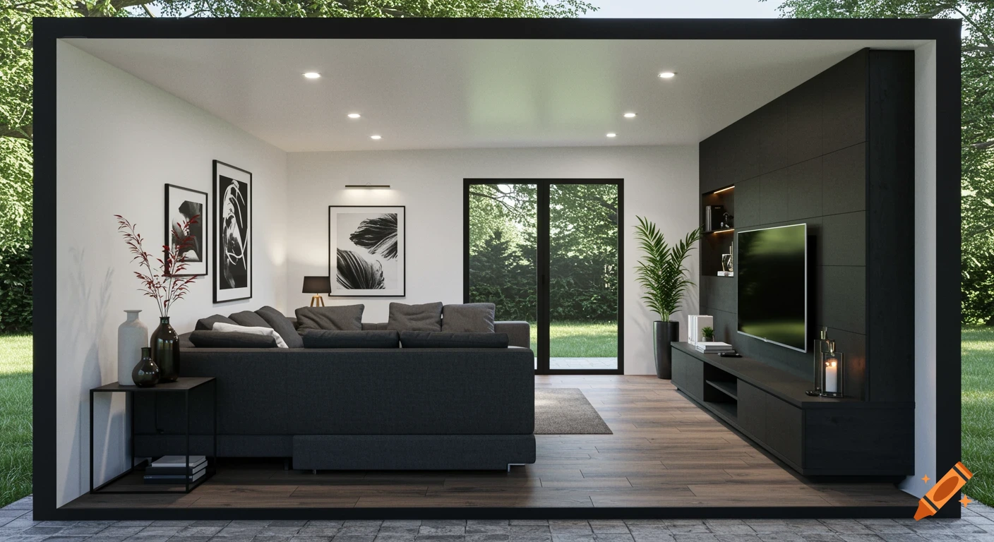 Photorealistic modern summerhouse living room with dark grey corner sofa, black paneled TV wall, and large glass doors to a green garden.