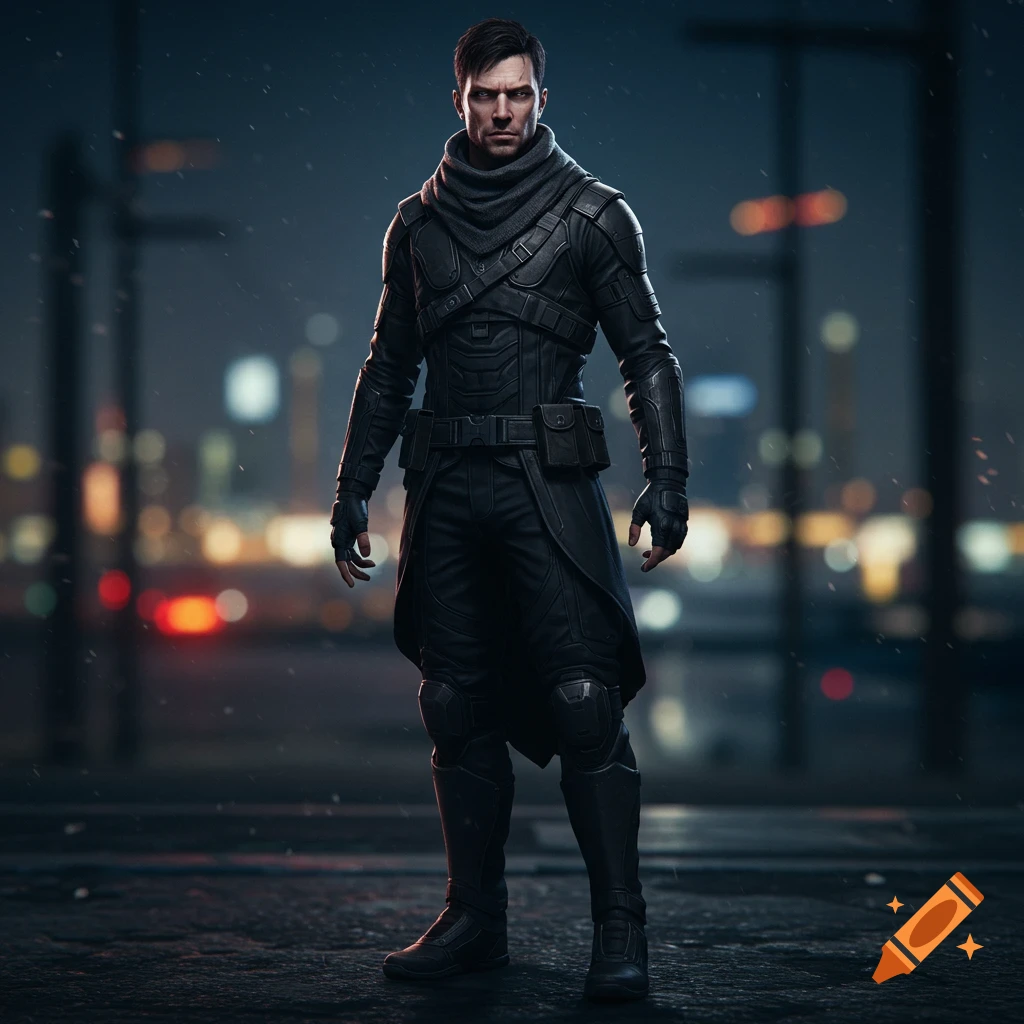 A photorealistic male assassin in black tactical gear, with a dark scarf, sharp features, and intense eyes, standing against a blurred urban nightscape.