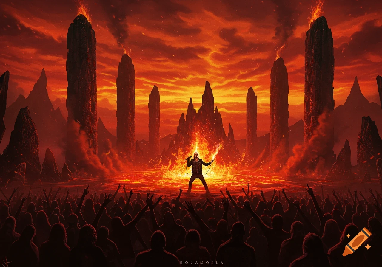 A dramatic fantasy digital art piece depicts a rock concert in a fiery, hellish landscape with towering rock formations and a silhouetted crowd.