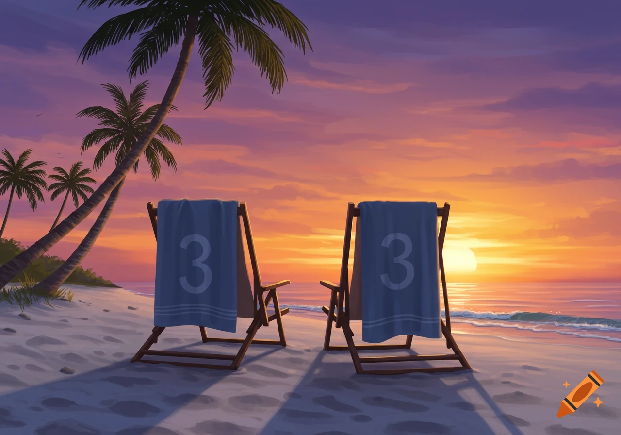 Two beach chairs with blue towels displaying the number '3' on a sandy beach at sunset, with palm trees.