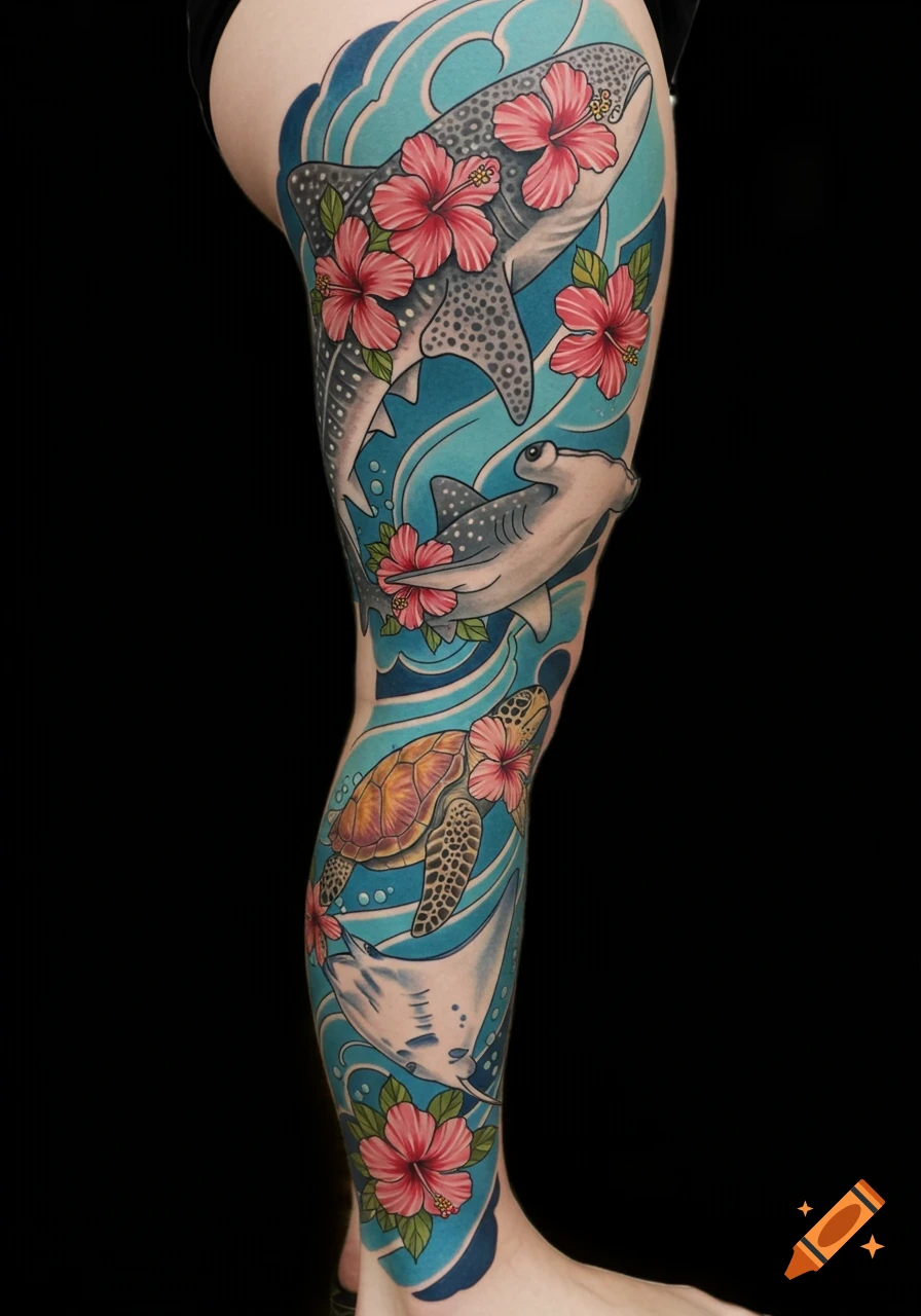 A colorful tattoo covering a leg, featuring a whale shark, hammerhead shark, sea turtle, and manta ray, all adorned with pink hibiscus flowers, swimming among blue waves.