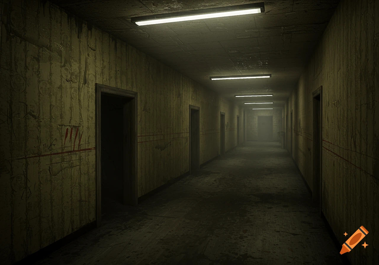 A dark, grimy, and decaying hallway stretching into the distance with several doorways and fluorescent lights on the ceiling.