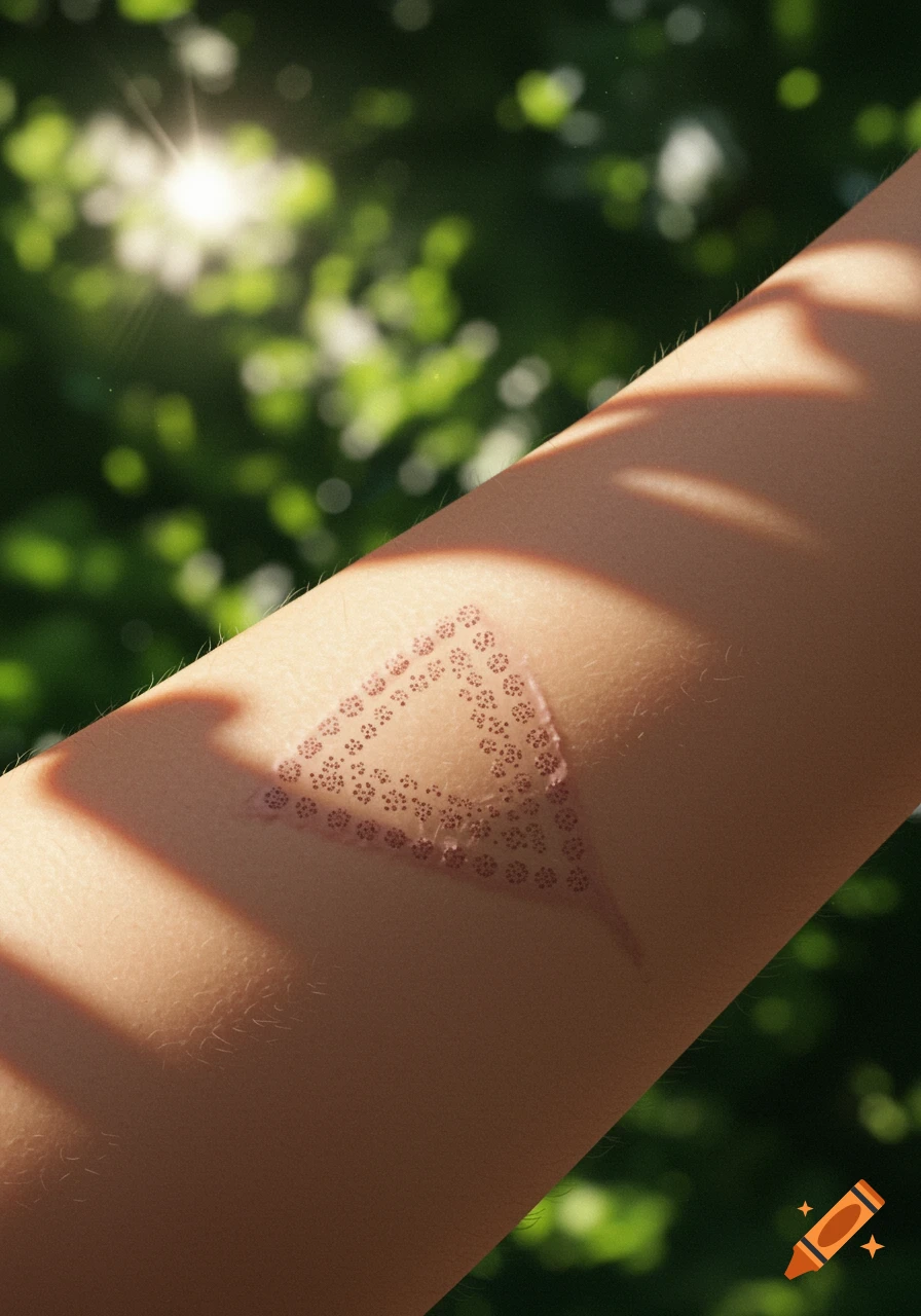 A human arm with a triangular dotted mark or scar, dappled with sunlight and shadows, against a blurred green background of leaves.