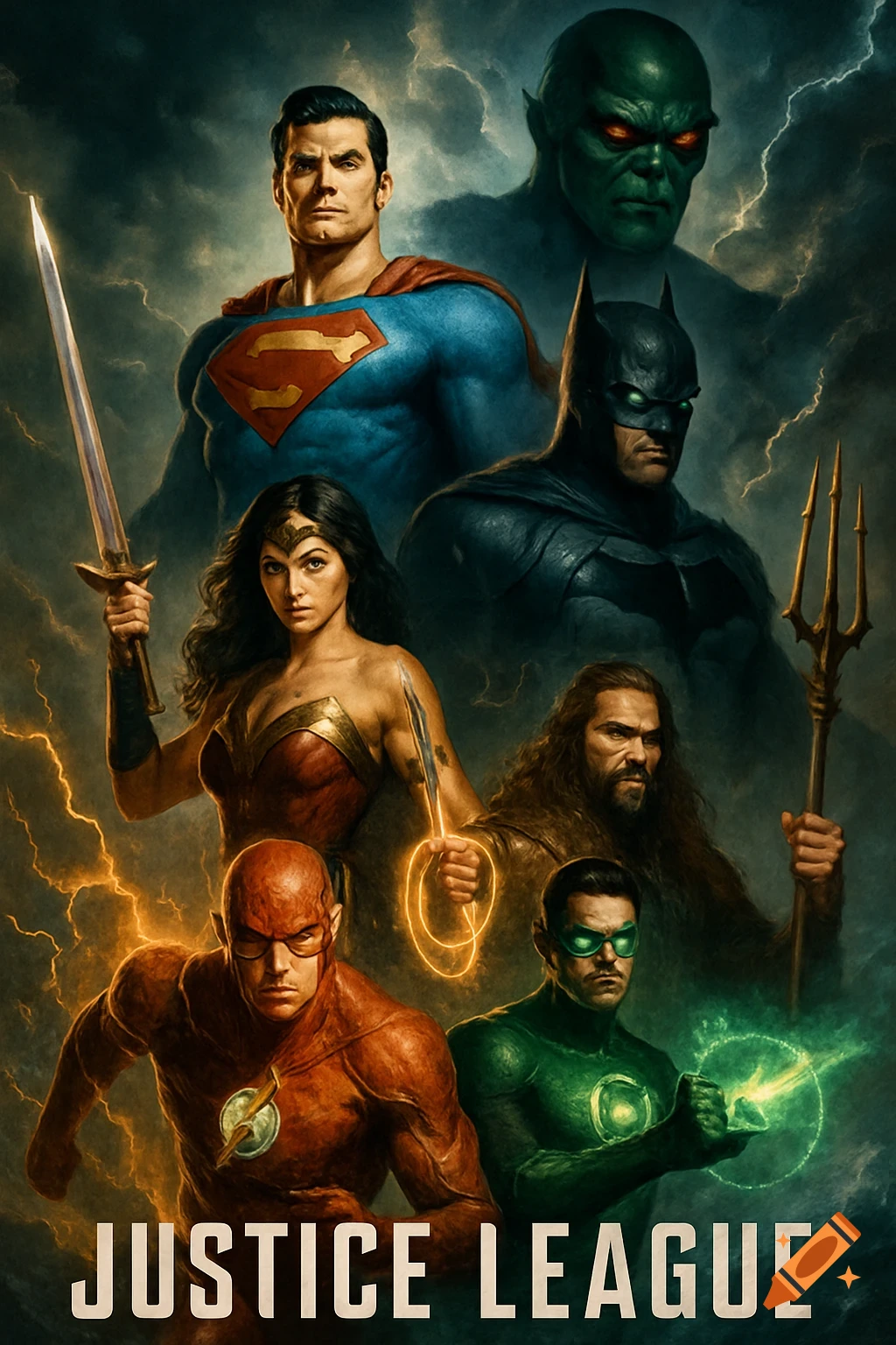 A dark, dramatic poster featuring the Justice League superheroes, including Superman, Batman, Wonder Woman, The Flash, Aquaman, Green Lantern, and Martian Manhunter, against a stormy sky.