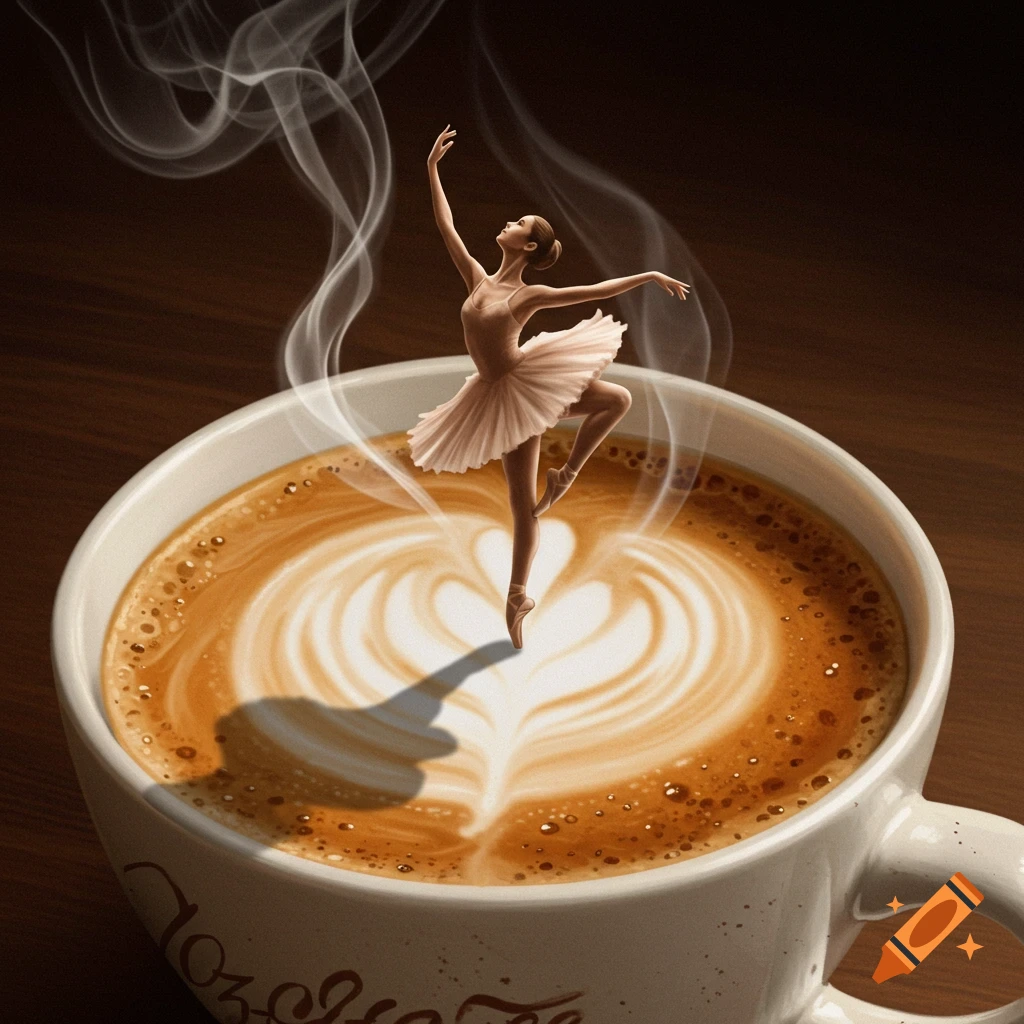 A tiny ballerina dances en pointe on the heart-shaped latte art in a steaming cup of cappuccino.
