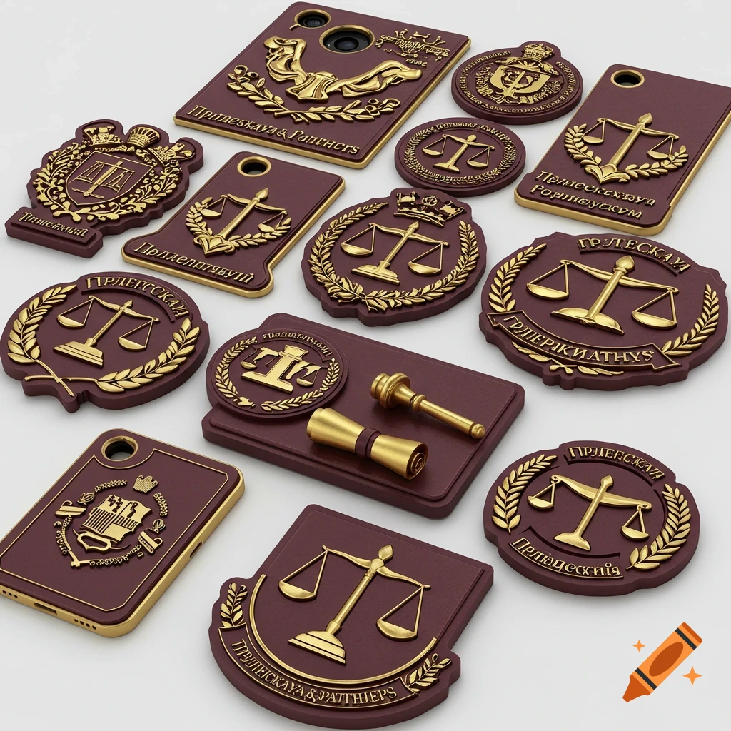 A collection of 3D-rendered stickers and phone cases featuring legal symbols like the scales of justice and coats of arms, in gold and maroon.