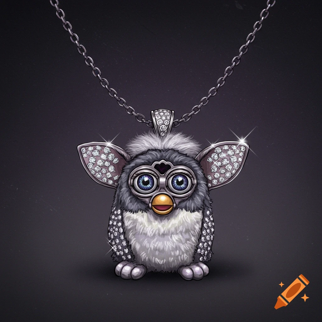 A diamond-encrusted Furby pendant on a chain, depicted in a 2D vintage illustration style with muted colors against a dark background.