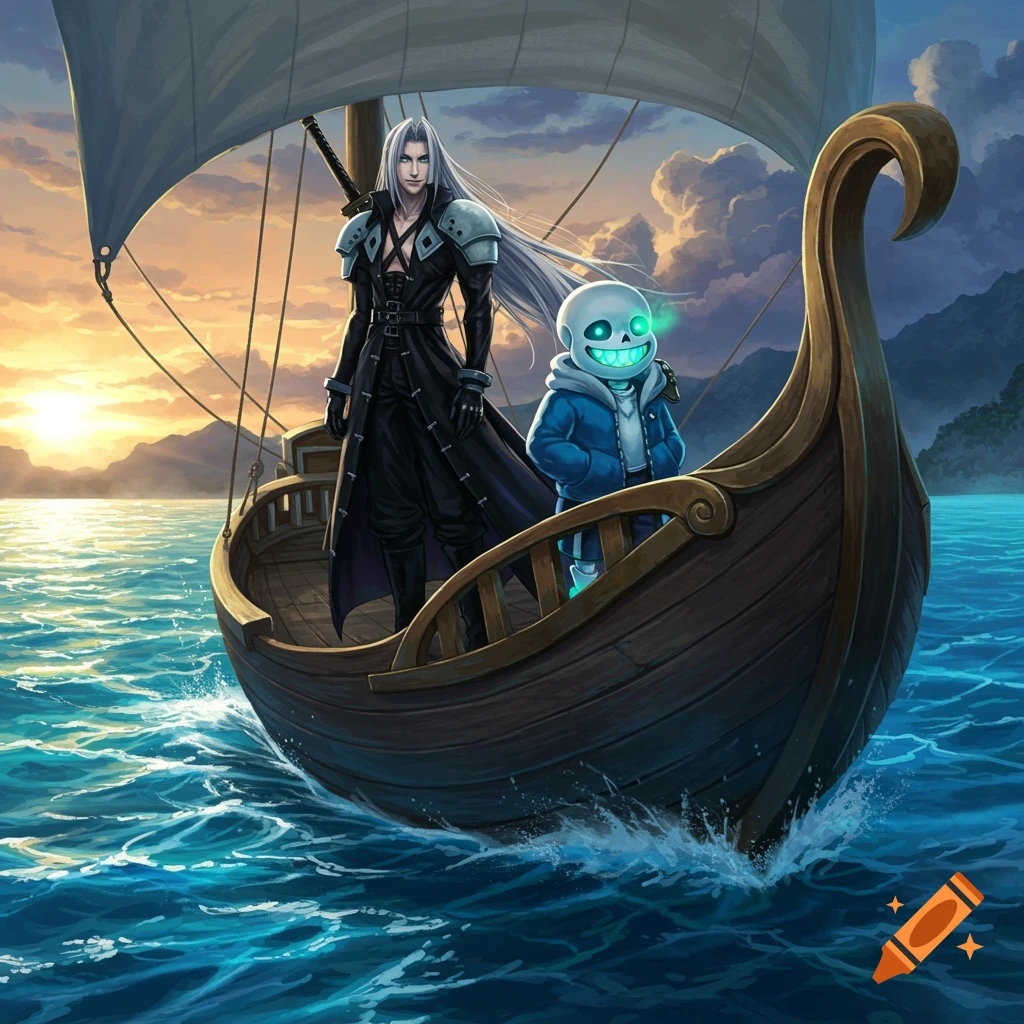 Sephiroth and Sans sail a wooden boat on the ocean at sunset, with mountains in the background.