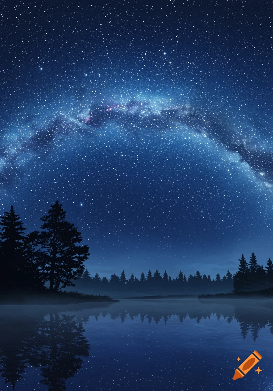 A serene night landscape with a starry sky, the Milky Way, silhouetted pine trees, and their reflection in a calm lake.