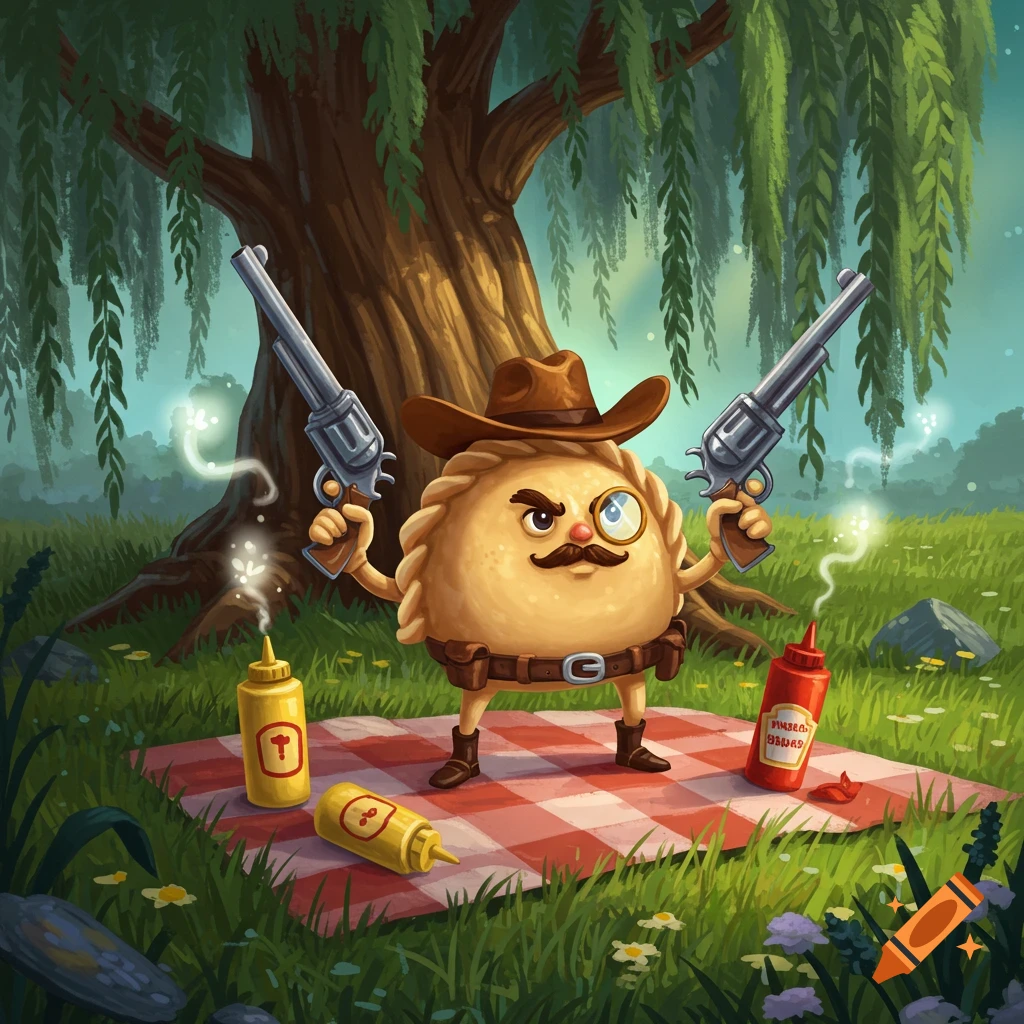 A cartoon pierogi character wearing a cowboy hat, monocle, and belt stands on a picnic blanket, holding two revolvers. It is set under a large willow tree in a grassy field with condiment bottles.