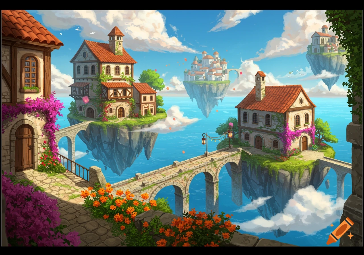 A vibrant illustration of multiple fairytale-like houses on floating islands connected by stone bridges above a blue ocean.
