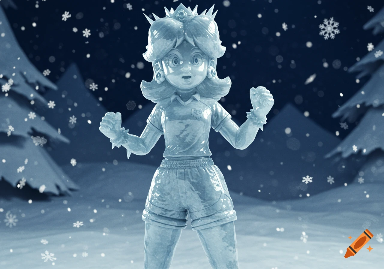 An ice statue of Princess Daisy in her Mario Strikers outfit stands in a snowy forest with a surprised expression.