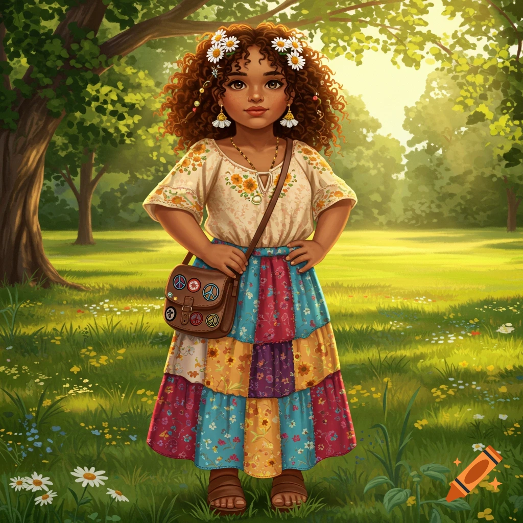 Digital illustration of a young girl with curly hair and flowers, wearing a hippie-style outfit, standing in a sunny green field.