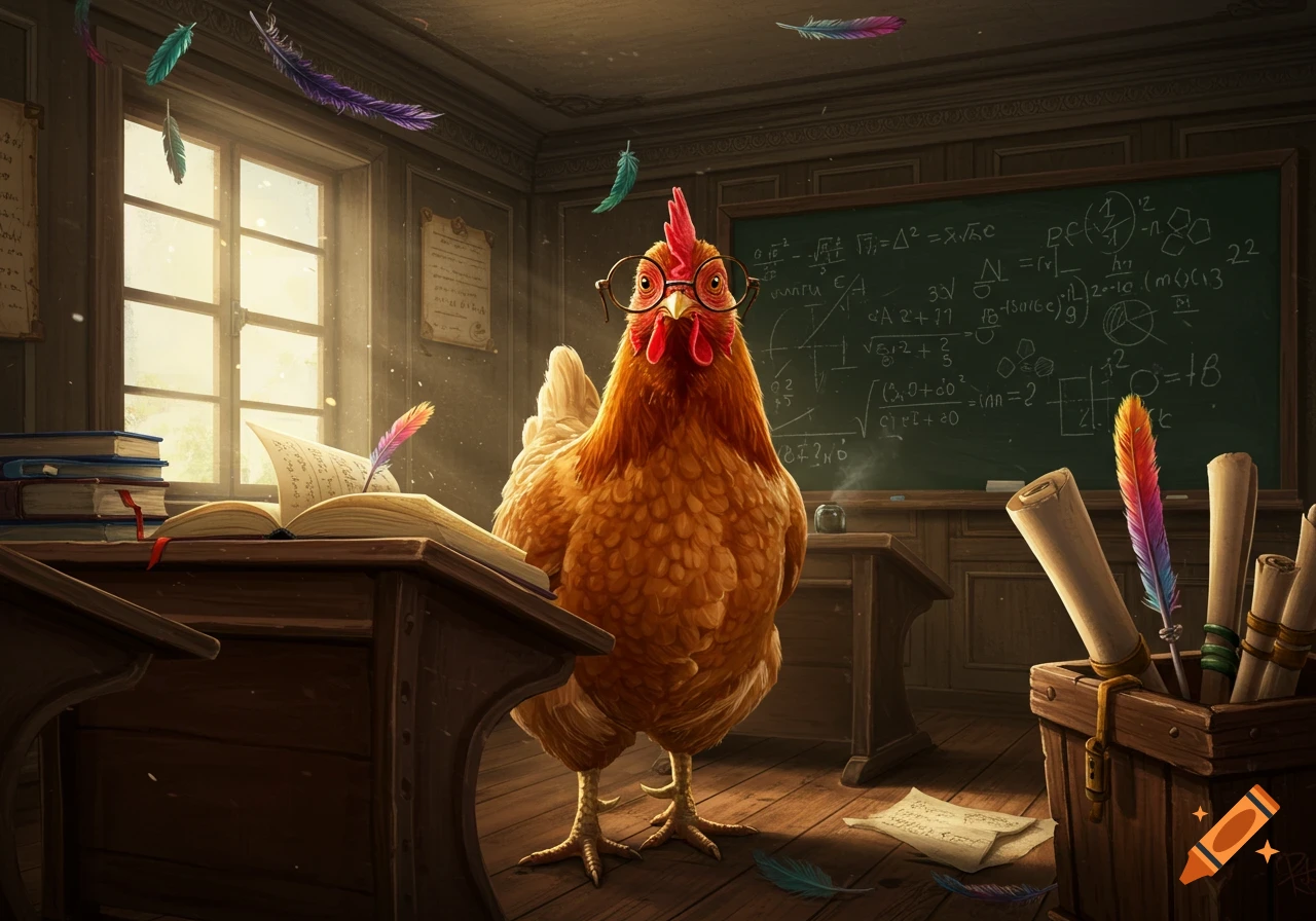 A brown chicken wearing glasses stands in a vintage classroom with an open book and a blackboard covered in equations.