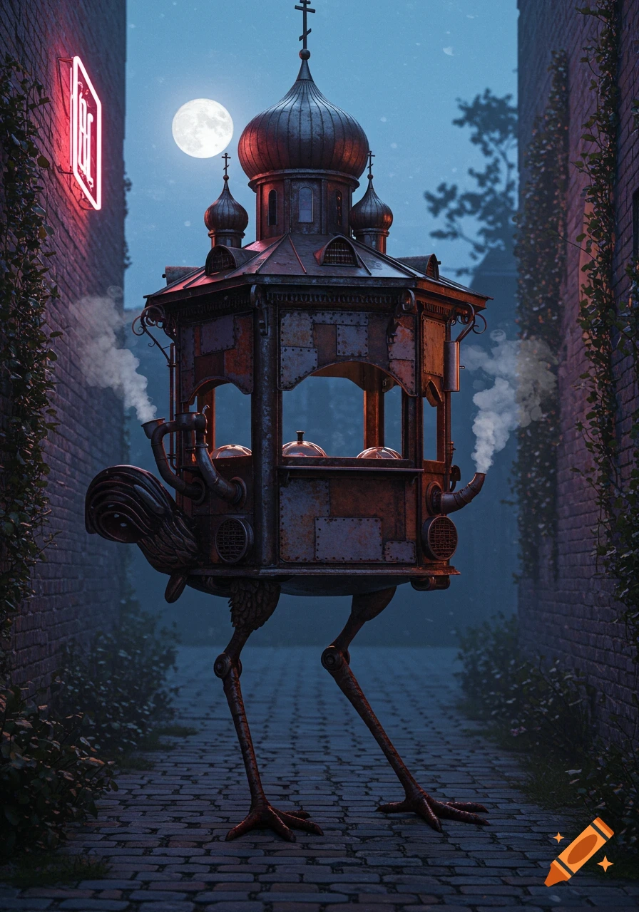 A surreal steampunk metal kiosk with an Orthodox dome on chicken legs stands in a moonlit alley, emitting steam, with a red neon sign on a building.