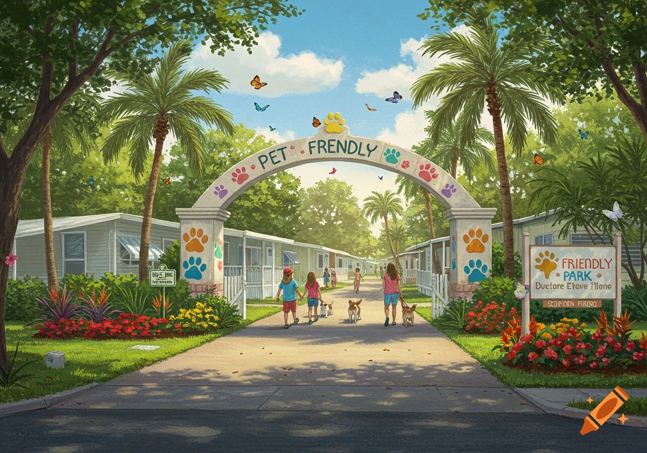 A vibrant illustration of a 'PET FRIENDLY' archway entrance to a mobile home park, with children and dogs on a sunny path.