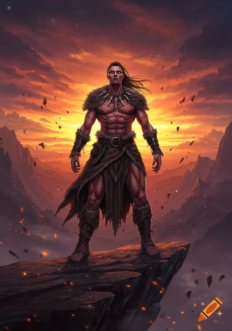 A muscular, tribal man with body paint stands heroically on a cliff overlooking a dramatic, fiery sunset mountain landscape.