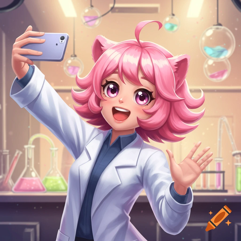 A cute anime girl with pink hair and cat ears, wearing a lab coat, takes a selfie in a brightly lit laboratory.