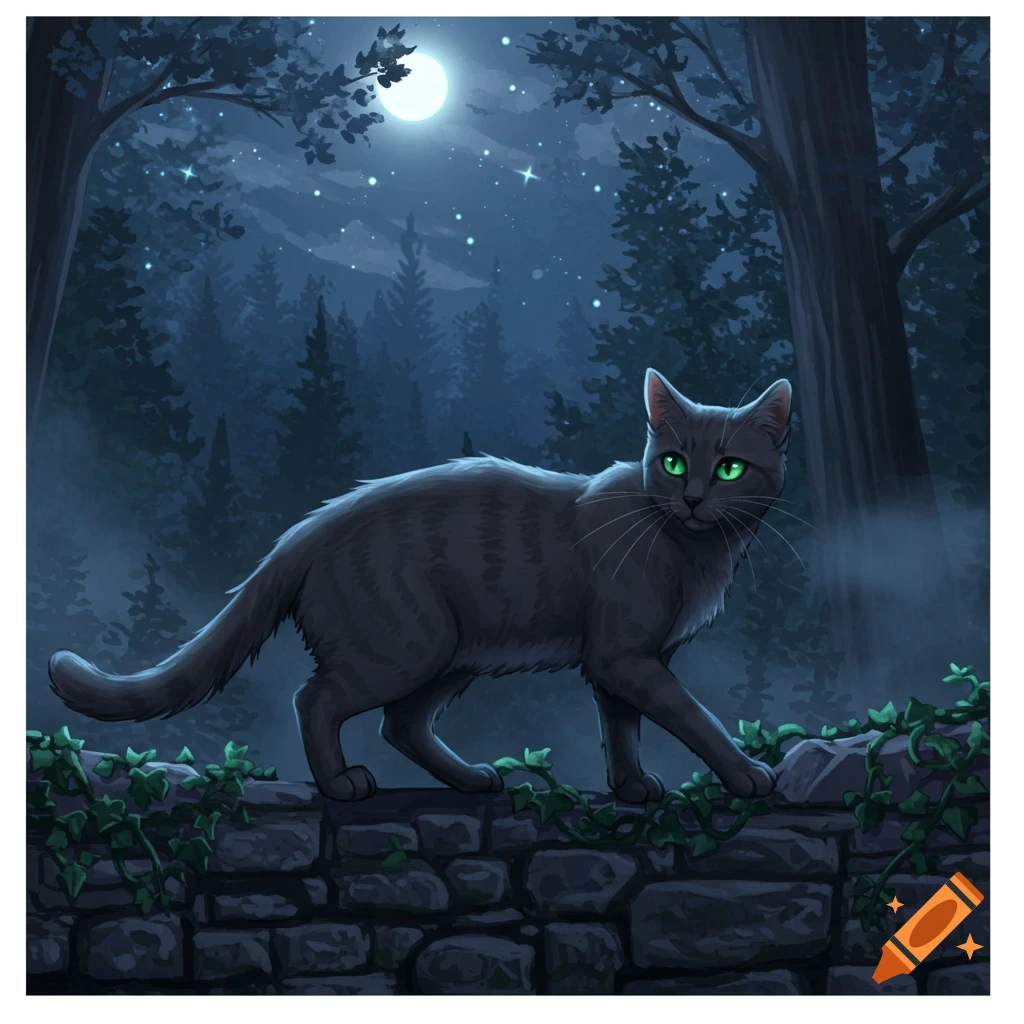 A gray cat with bright green eyes walks along an ivy-covered stone wall at night under a full moon and starry sky, in a digital art style.