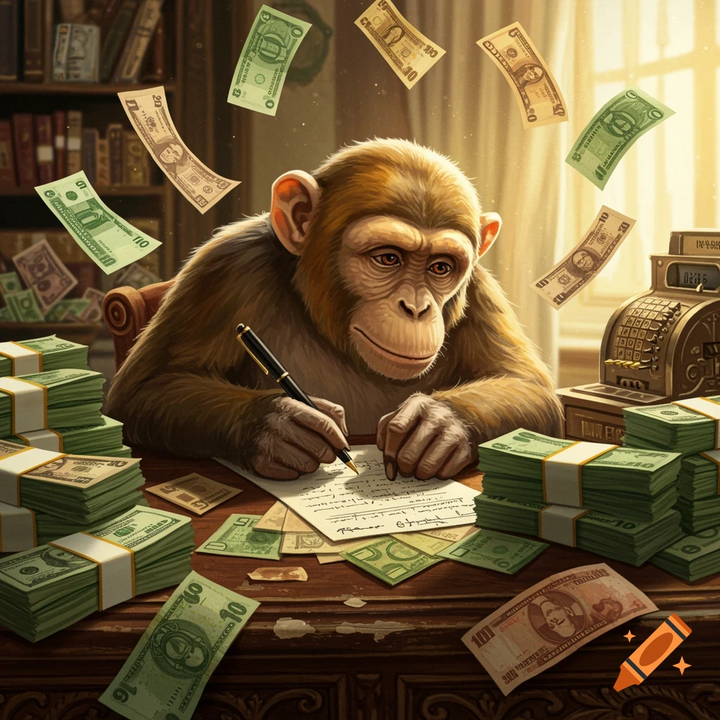 A chimpanzee sits at a desk, writing on paper with a pen, surrounded by stacks of money and floating bills. A cash register is on the right.