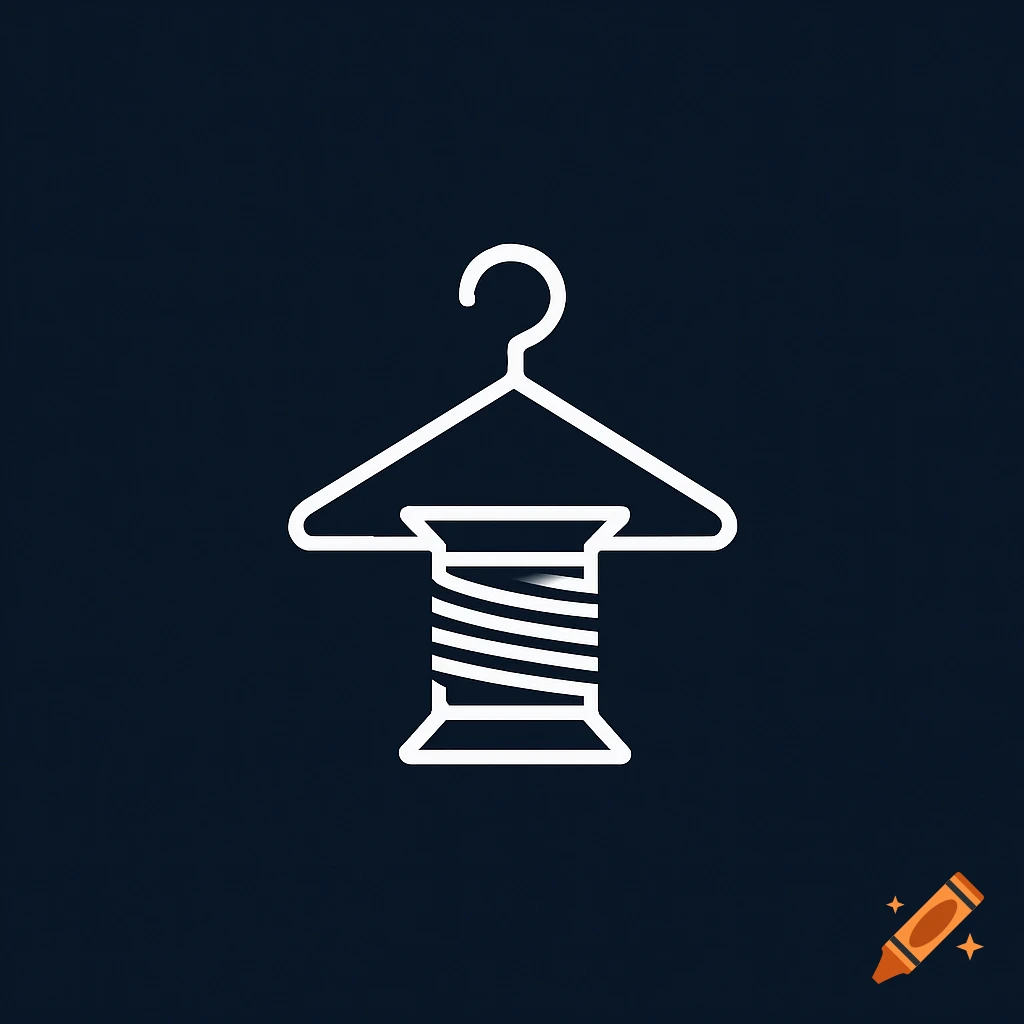 White line art logo combining a clothing hanger and a spool of thread on a dark blue background.